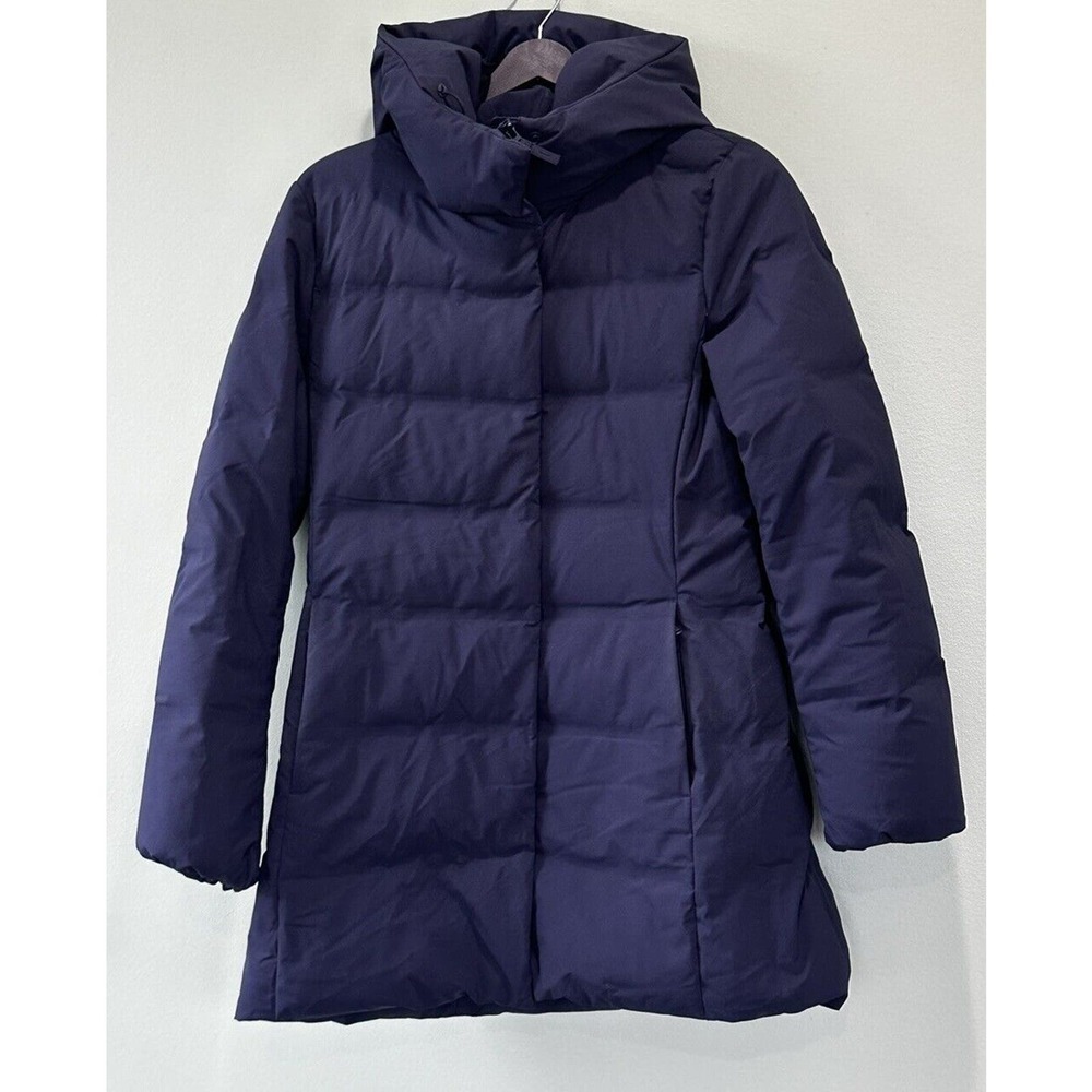 Uniqlo Women’s Down Puffer Coat Sz S Blue Goose Feather Mockneck Packable Hood‌‌